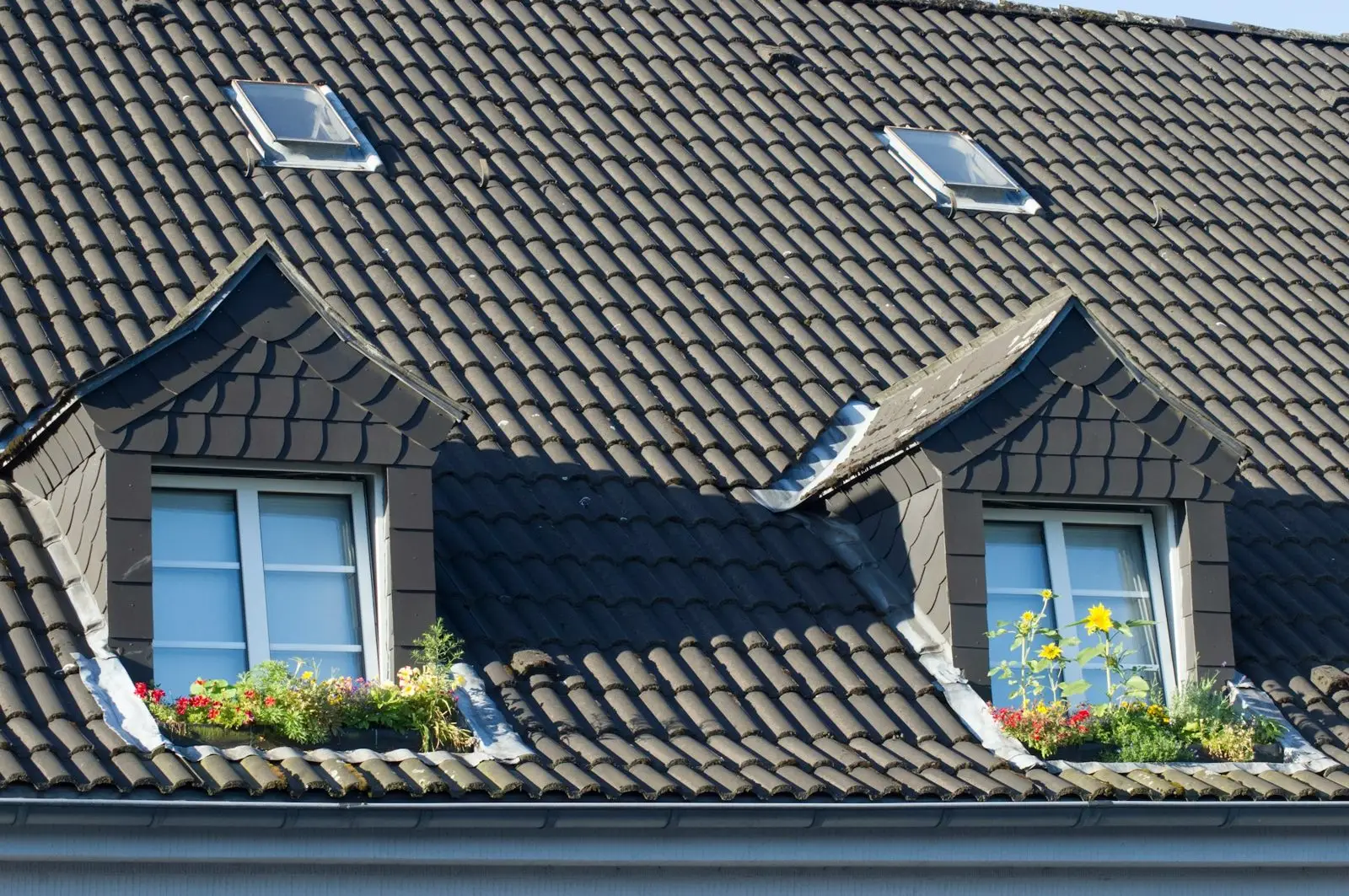 Toit en ardoise avec lucarnes et habillages métalliques